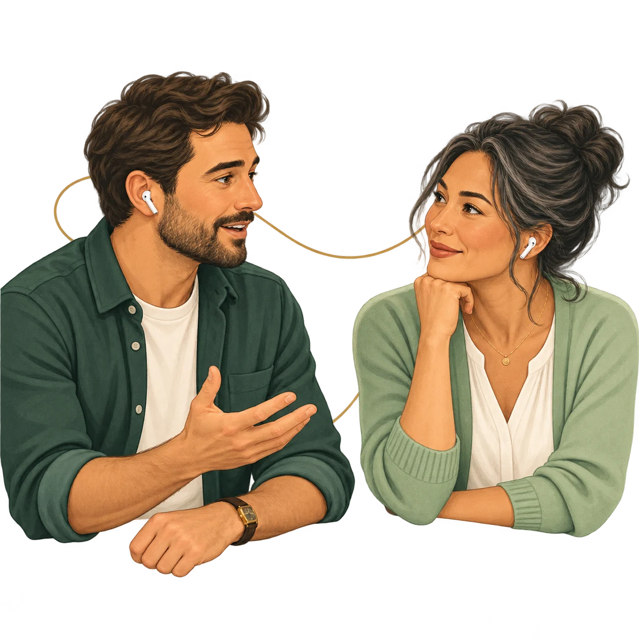 Illustration of two adults wearing earbuds, speaking and listening to each other.